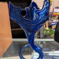 Vintage Cobalt Blue Art Glass Sculptural Vase Hand Blown Modern Statement
