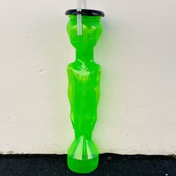 Vintage ALIEN Neon Green 16” Drinking Sippy Cup Bottle WHIRLEY Lid & Straw