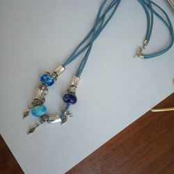 Blue Necklace With Pandora Style Charm. One  Is 925