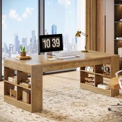 70.87-Inch Executive Desk with Storage Shelves, Wooden Large Office Computer Desk for Home Office