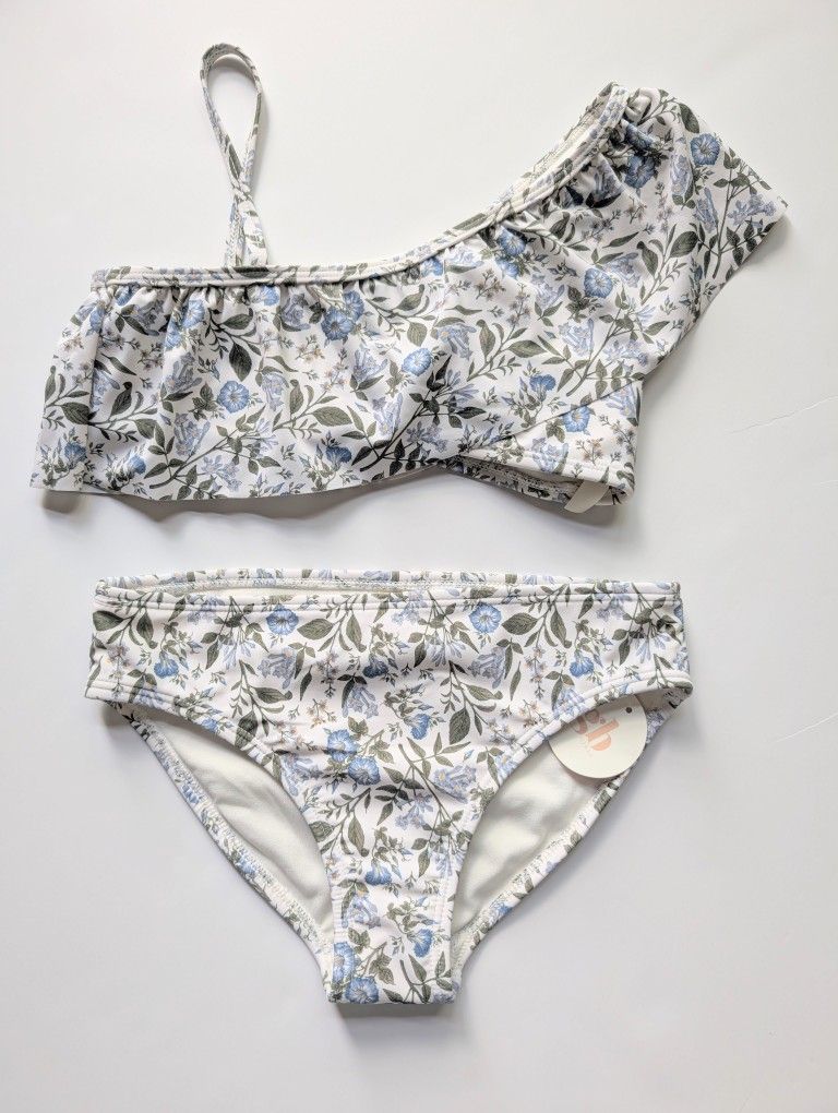 GB Girls 2Pc Blue Floral Print Bikini Swimsuit Size:12 One Shoulder NWT