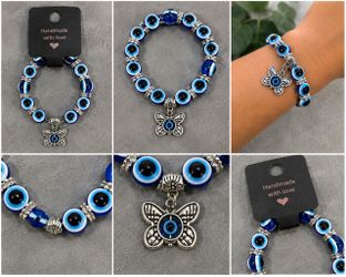 Evil Eye Bracelet with Butterfly Charm – Blue Beaded Bracelet