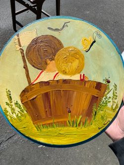 Gloria Murray 1970 Vintage Round Painting Kids in Bucket Butterfly