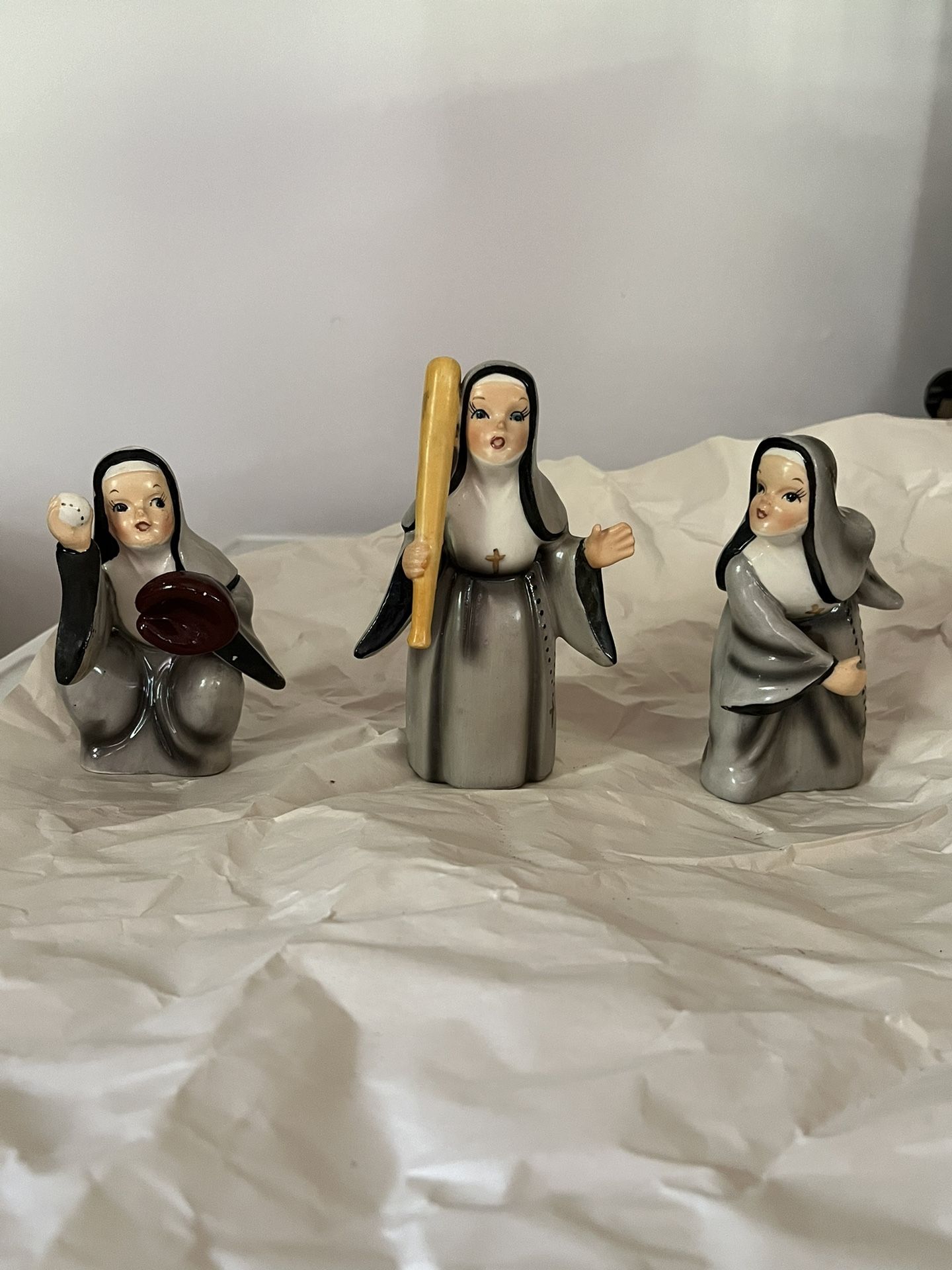 Vintage Ceramic Figures Of 3 Nuns Playing Baseball
