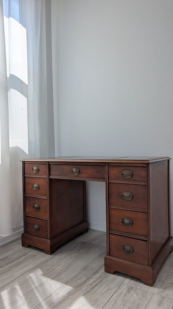 Vintage Executive Desk With Leather Top 