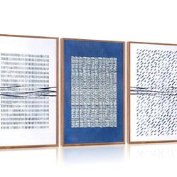 Aurlan Blue and White Abstract Dots Shapes Framed Wall Art(16"x24"), 3 PCS Minimalist Grunge 3D Textured Canvas
