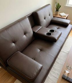 Modern Faux Leather Futon Sofa Bed, Convertible Couch w Cup Holders espresso