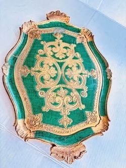 Vintage Italian Florentine Wood Serving Tray Green Gold Mid Century 19”x13.5”