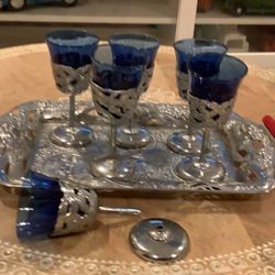 Vintage Cordial Set Cobalt Blue One Dragon Holder Needs Repair
