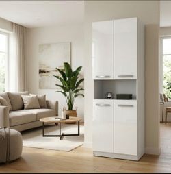 Tall Pantry Cabinet for Dining Room, Living Room, Bathroom White and Grey, new in box