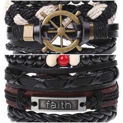 2 x Set Adjust. Size up to 9.5inc Leather Bracelet, (Ship Rudder-Faith)