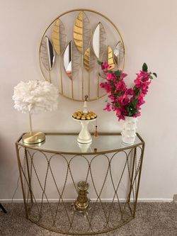 Gold Metal Glass Top Console Table and mirror