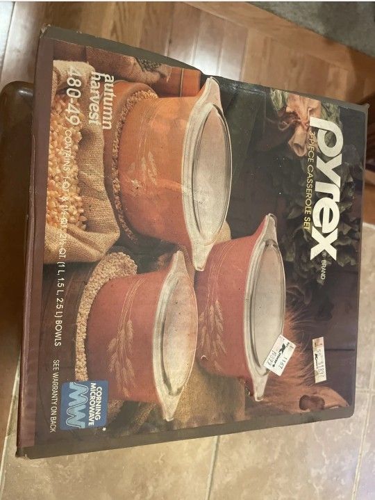 Vintage PYREX Autumn Harvest 3-Piece Casserole Set #480-49 Corning NEW Sealed