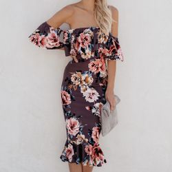 Vici Havana Burgundy Floral Ruffle Midi Dress