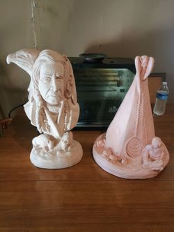 Large Indian chief head & teepee statues, measurements in pictures