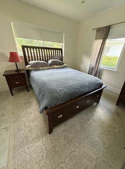 Dark Cherry Wood Bedroom Set - Storage and Bed + 7-Drawer Dresser + Nightstand