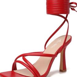 Mostrin Red Strappy Heels for Women Lace Up Heels Sexy Tie Up Stiletto Heeled Sandals Square Open Toe High Heels for Prom, Party and Weddings Size 10