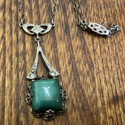 Art Deco 1930’s sterling silver and green Chalendory pendant necklace with Cz accents 15’ Chain