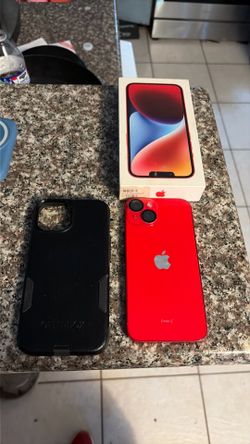 Red iPhone 14 like brand new with box otter box case and screen protector