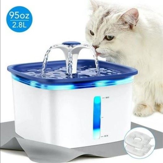 9.5 Ounce Pet Fountain With Anti Slip Mat For Cats And Dogs Fountain Dispenser With Smart Pump White And Blue