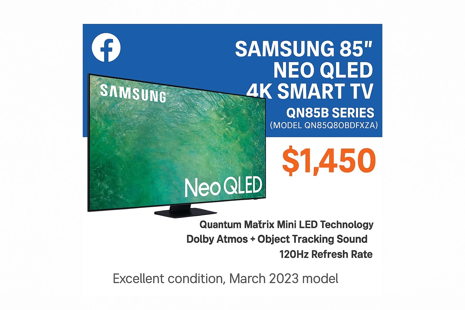 📺 Samsung 85” Neo QLED 4K Smart TV – QN85B Series (Model QN85Q80BDFXZA)