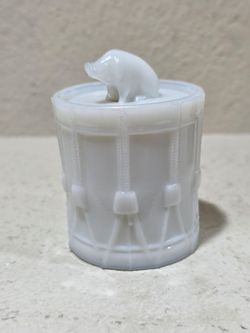 WHITE MILK GLASS Pig ON A DRUM  CANDY DISH marked PORTEIUX
