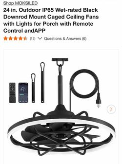 MOKSILED 24 in. Outdoor IP65 Wet-rated Black Downrod Mount Caged Ceiling Fans with Lights for Porch with Remote Control andAPP