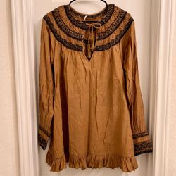 Free People Embroidered Long Sleeve Mini Dress Boho Tassel-Tie Ruffle Hem Small