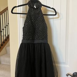 4055-PTTT Black Flare Chiffon Keyhole Back High Neck Beaded Top Cocktail Dress