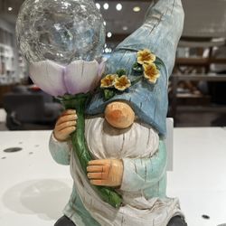 11” Blue Resin solar Gnomes lighted statuary flower in hand for indoor/outdoor.