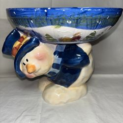 Vintage Snowman Pedestal Bowl 7.25” Hand Painted Ceramic – Crazing