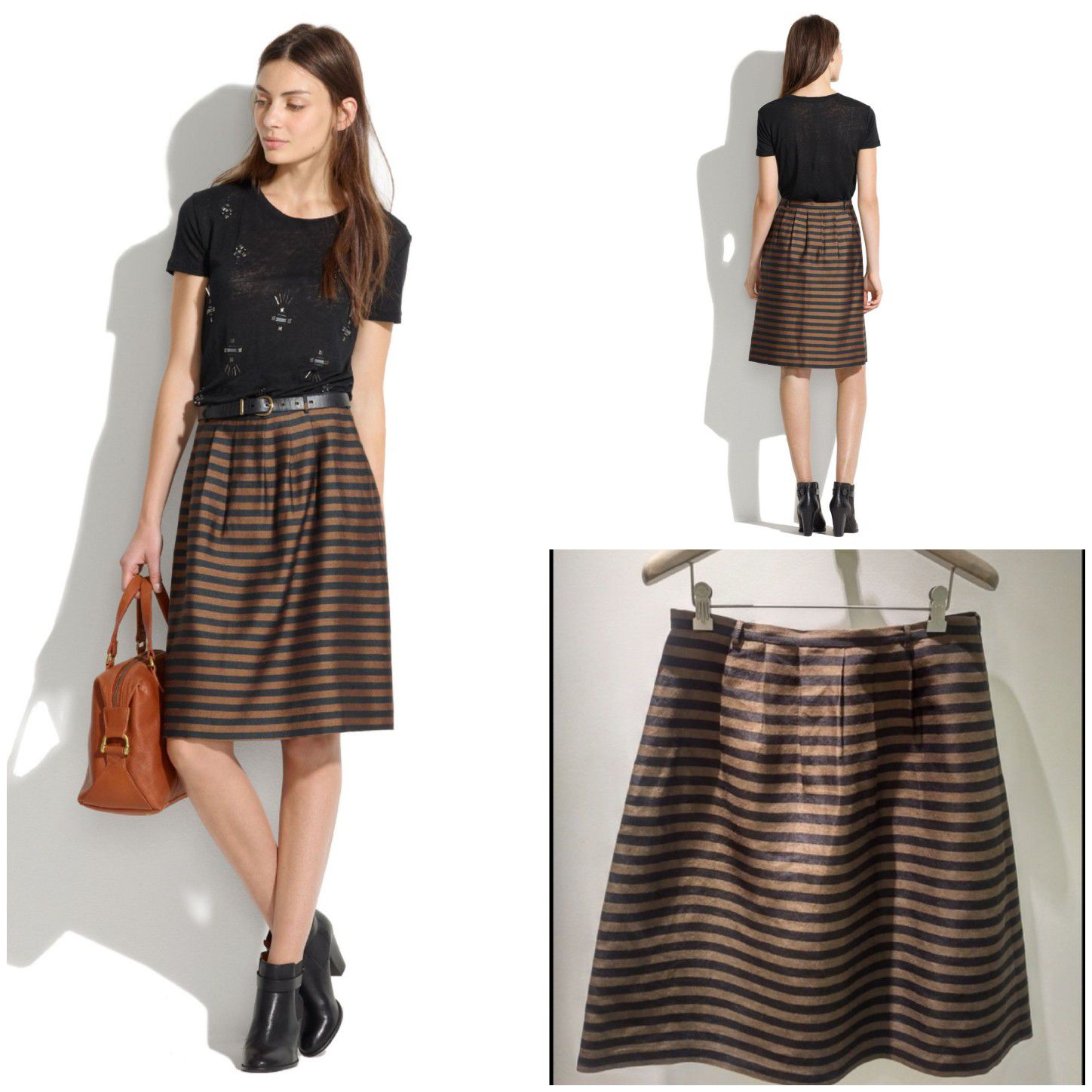 Madewell Size 10 Linen Silk Pleated Brown Black Striped Knee Length Skirt