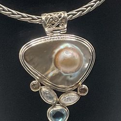 Sterling Silver Pendant w/Blister Pearl, Topaz, Moonstone & Amethyst 