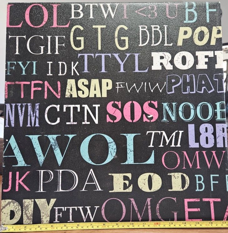18x18" Print of common internet abbreviations & acronyms like LOL/BTW/TGIF/SOS/I