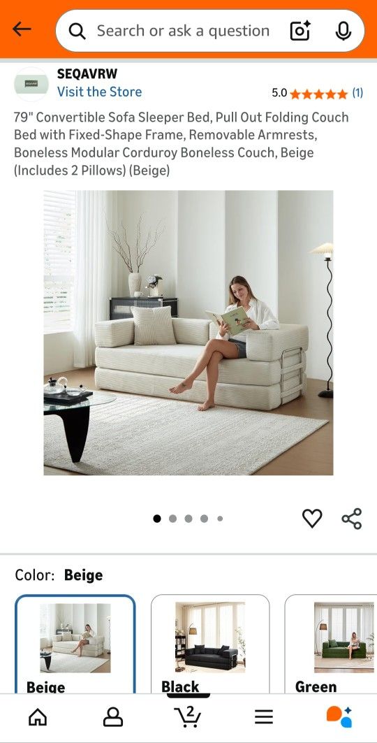 79” Convertible Sleeper Sofa Bed – BRAND NEW (Beige/Cream)