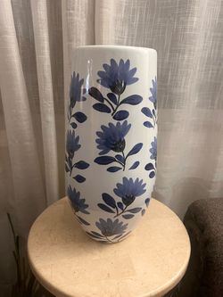 White Ceramic Vase with Blue Floral Pattern - 16” Tall