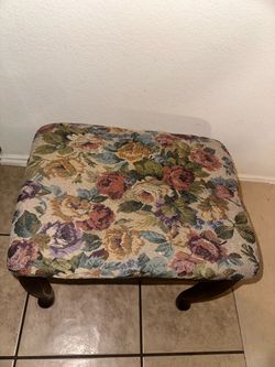 Antique Floral Tapestry Footstool with Wood Legsn