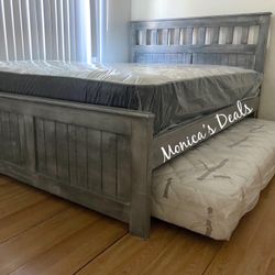 Queen Solid Wood Bed With Twin Roll Out Mattress $680
