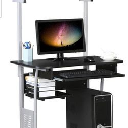  3 Tiers Mobile Computer Desk with Printer Shelf & Keyboard Tray Rolling Computer Desk for Small Spaces,


