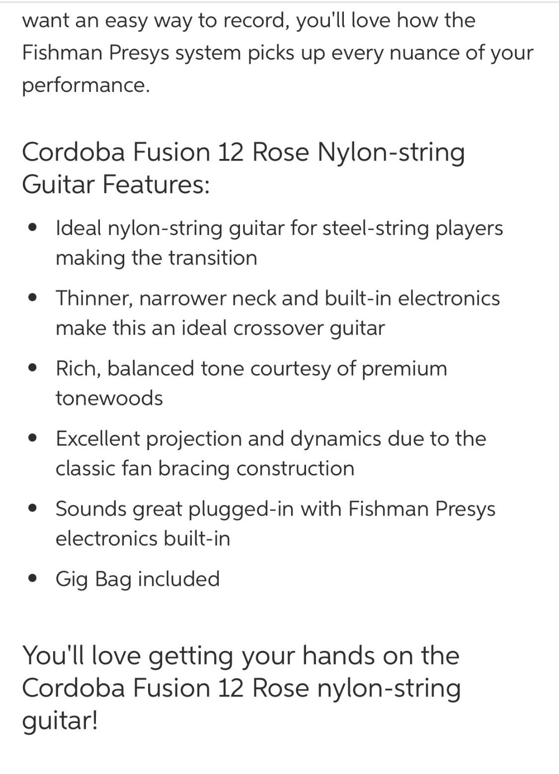 Cordoba Fusion 12 Rose II Acoustic-Electric Guitar, Rosewood Back, Spruce Top