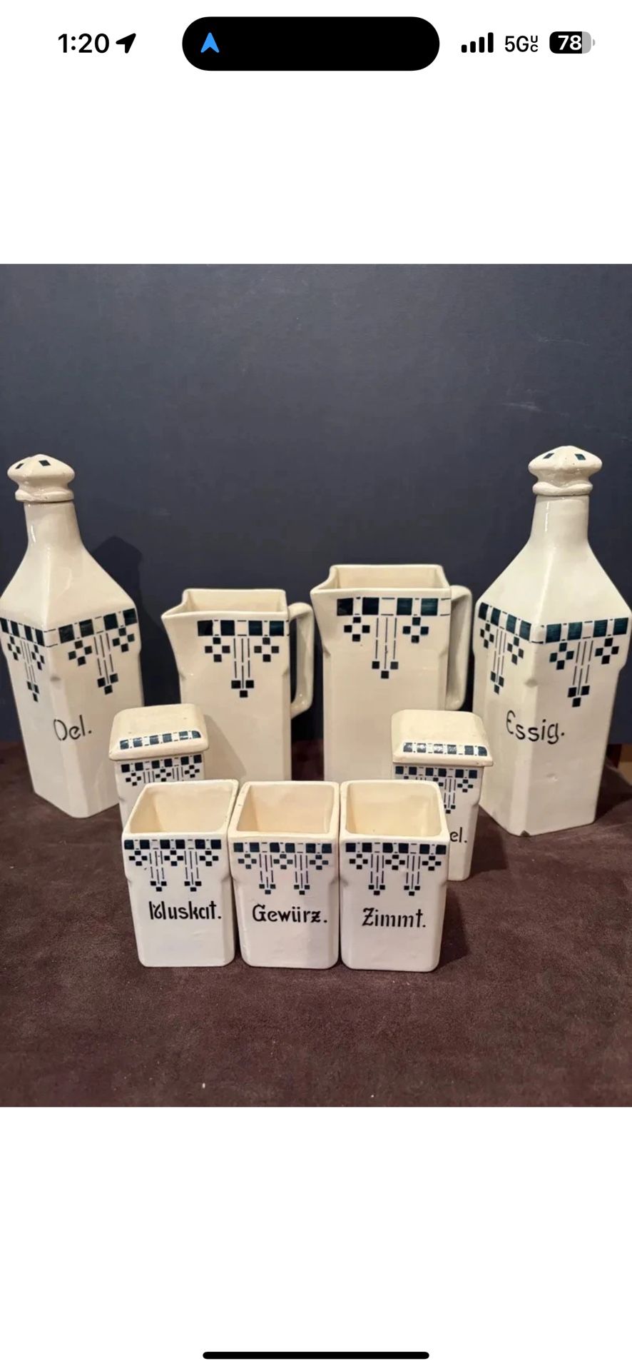 Antique German Blue and White Porcelain Spice Canisters Oil Cruet Set