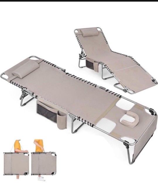 Heavy Duty Tanning Chair with Face Hole, Adjustable 5-Position Folding Chaise Lounge Chairs for Outdoor Use, Portable Lay Flat Beach Lounge Chair for