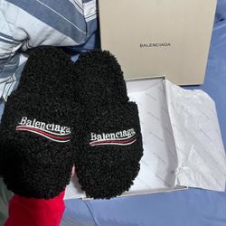 Balenciaga black fuzzy slides 