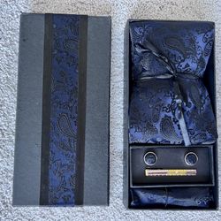 Premium Men’s Gift Tie Set: Silky Necktie, Pocket Squares and Tie Clip Cufflinks
