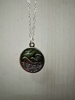 Silver Wave Pendant Necklace w/Green Iridescent Inlay