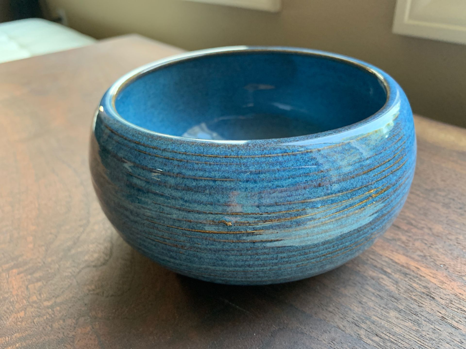 Unique handmade glossy blue with brown tints ceramic plant pot