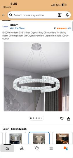 IDEQUY Modern D32" Silver Crystal Ring Chandeliers for Living Room Dinning Room