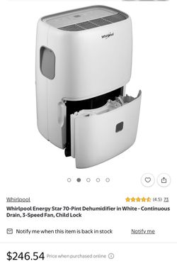 Whirlpool Energy Star 70-Pint Dehumidifier in White - Continuous Drain, 3-Speed Fan, Child Lock Out of box No rollers under