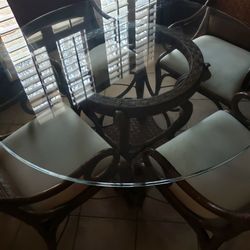 Wicker, Wood, Glass Dining Table w/4 Chairs