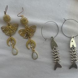 Golden moth earrings & Silver fish earrings